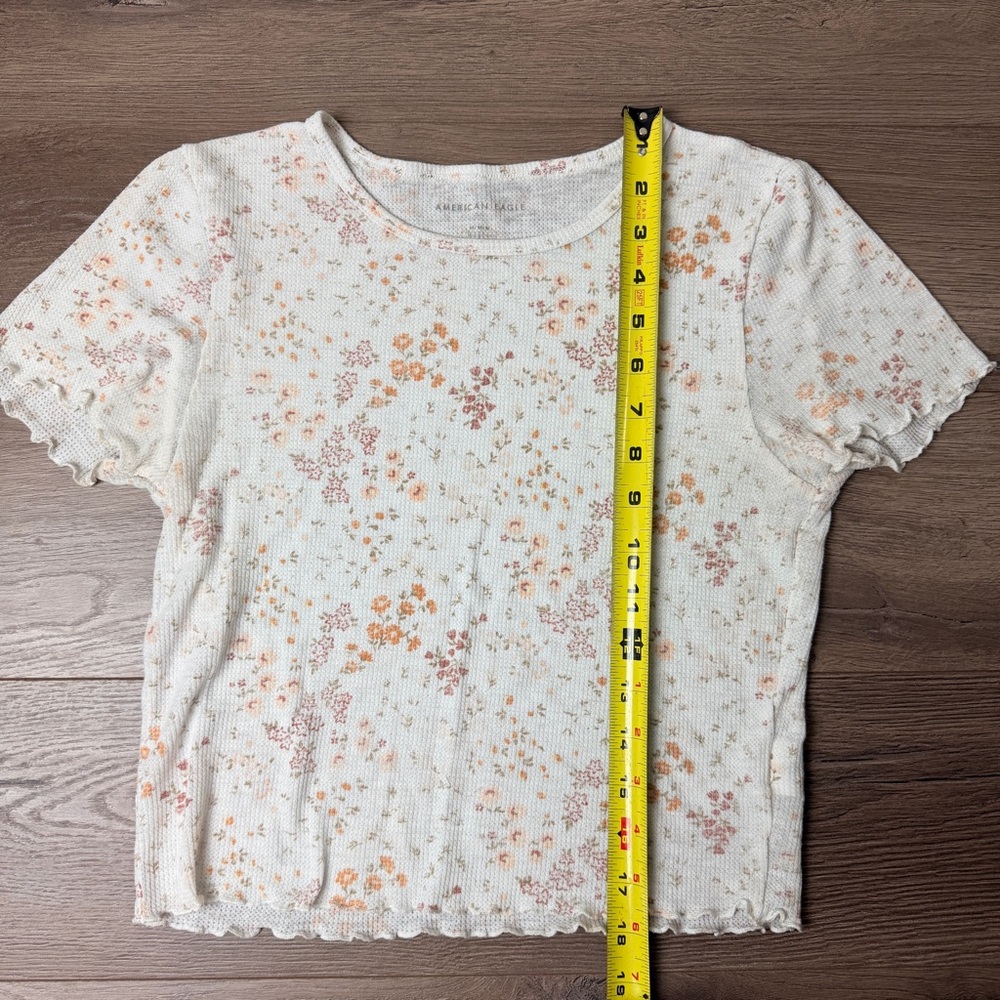 Soft & Sheer American Eagle Outfitters Cream Floral Ribbed Crop Top Baby Tee M - Picture 6 of 7